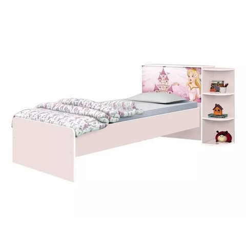 Cama de Solteiro Rosa para Menina com Cabeceira Baú Luxo Personagem Princesas Liz