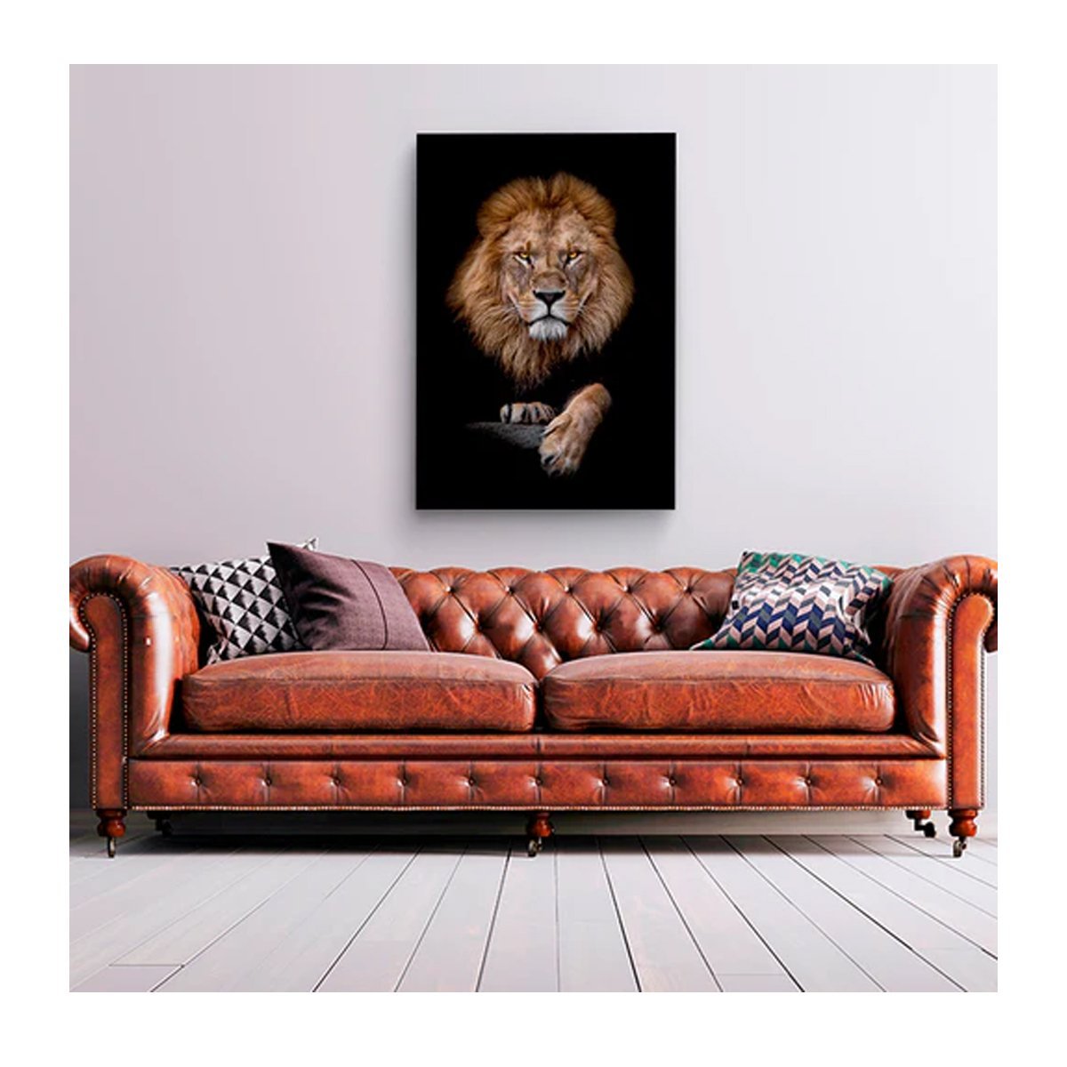 Quadro Decorativo Animais Retrato do Leão c/ Moldura Dourada:120 x 80 cm