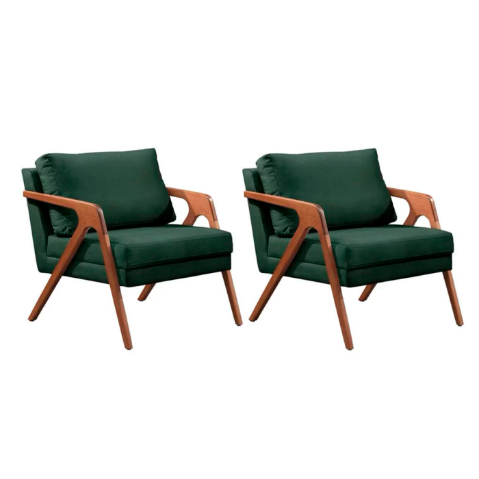 Kit 2 Poltronas Decorativa Mona Luxo Veludo Verde Base Madeira Maciça