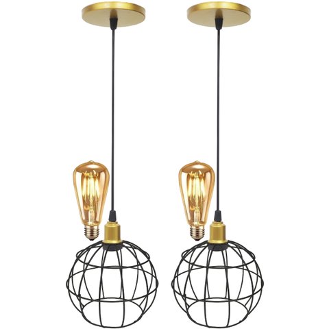 2 Pendentes Aramado Globo Luminária Lustre Retrô Balcão Preto Dourado + 2 Lâmpadas Led ST64
