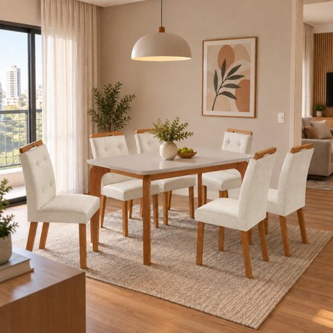 Conjunto de Mesa de Jantar Dublin 180 Tp MDF Laminado Canto Copo 6 Cadeiras Valentina