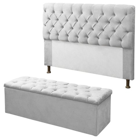Kit Cabeceira + Calçadeira Baú Sofia Casal 140cm Corino Branco - LM DECOR