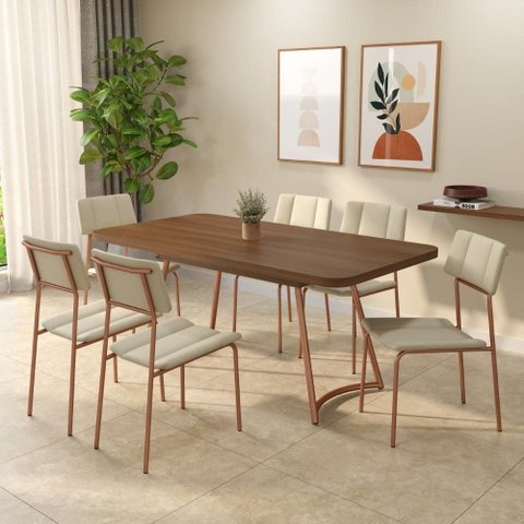 Conjunto Sala de Jantar Flor de Lis 6 Lugares Tampo em MDP Rosê 170cm Móveis Carraro