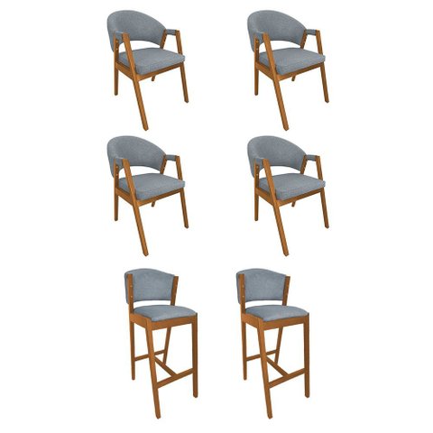 Kit 4 Cadeiras Helen para Sala com 2 Banquetas Ana Madeira Maciça Premium Linho - Cinza