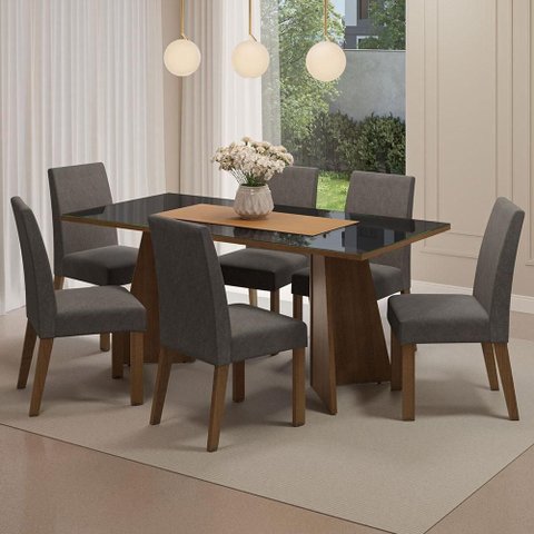 Conjunto Sala de Jantar Mesa Tampo de Vidro 6 Cadeiras Madesa Rustic-preto-silver