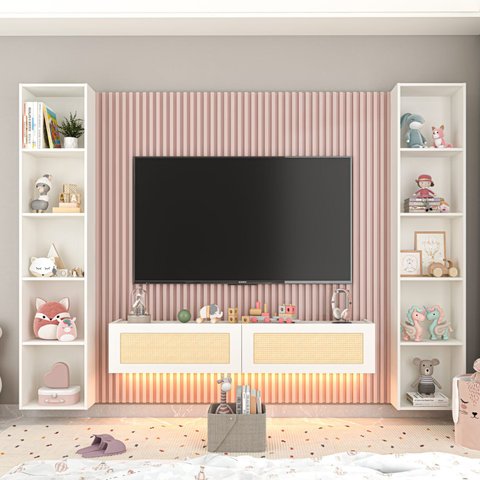 Home Supremo Slim/Native Ripado 250,4 cm - Rosa Sonho/Branco/Tela Rattan Creme