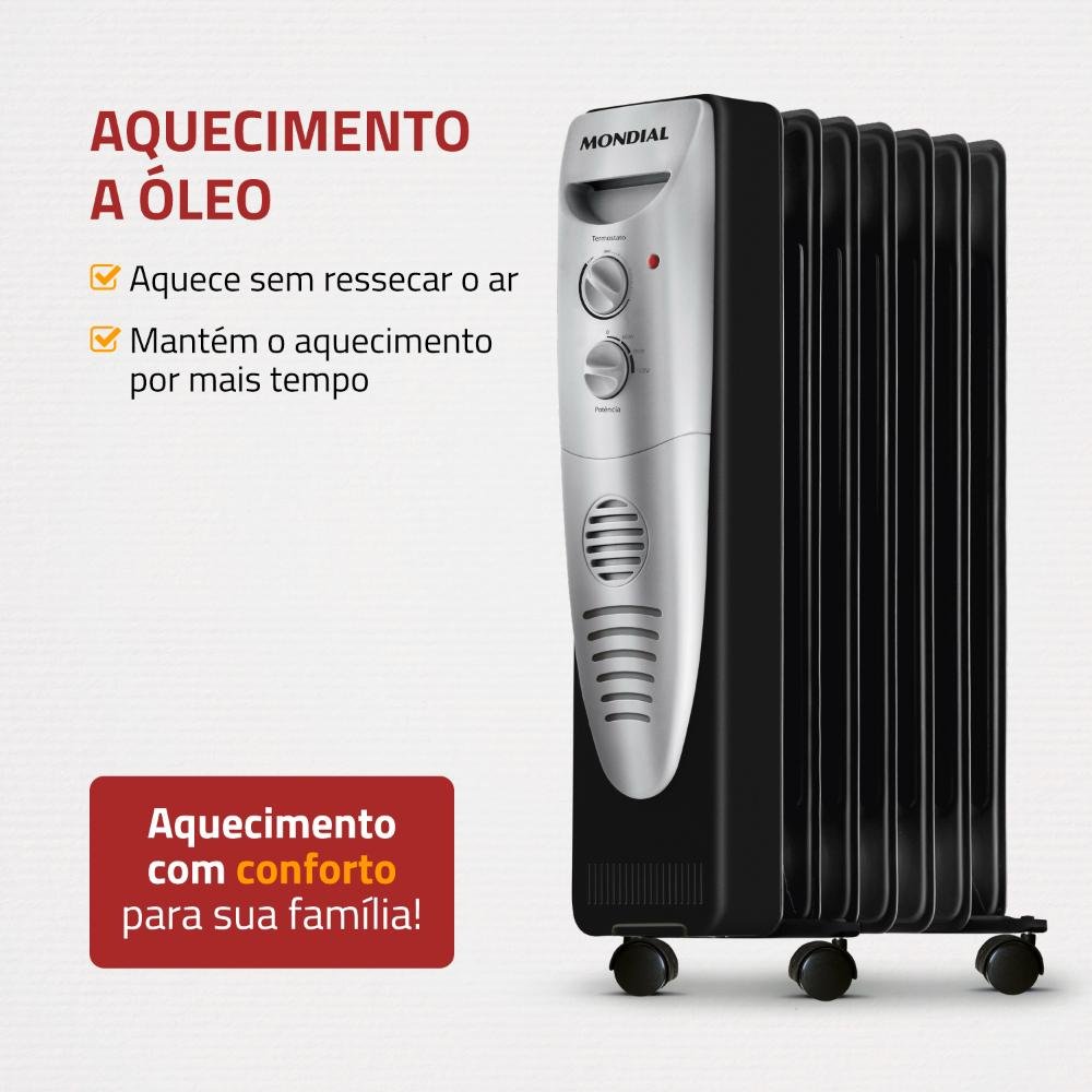 Aquecedor a Óleo Mondial A-06 1500w 3 Níveis de Aquecimento Preto/prata 220v - 2