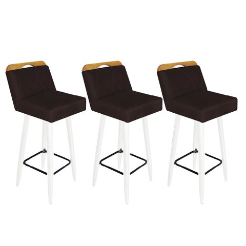 Kit 03 Banqueta Alta C/ Encosto Lith Para Cozinha Bar Balcão Bistrô Pé Palito Branco Suede Marrom - 