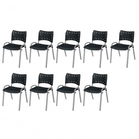 Cadeira Iso Base Cinza, Igreja, Escola, Escritório - Preto Kit 9 Peças