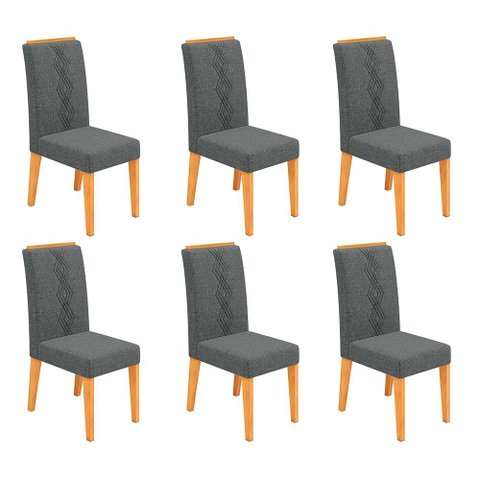Conjunto Kit com 6 Cadeiras Estofadas para Sala de Jantar Yasmin MDF Cedro Linho Granito DJ Móveis