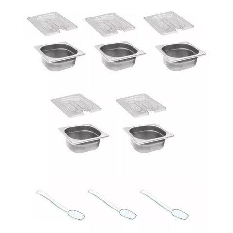 Conj 15 Cuba Inox 1/6x65 Mm com Tampa 1/6 De Poli com Abertura + COLHER de Poli 20,5 cm