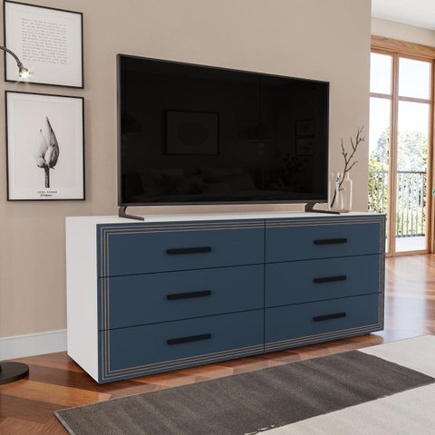 Cômoda Valência com 6 Gavetas 150x63cm Branco/Azul 240830