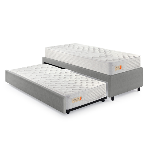 Bicama Box Solteiro Courino Linho Cinza 88x188 com Dois Colchões Espuma Ecoline D33 Ecoflex