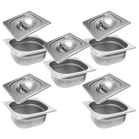 Conj 5 Cuba Gastronômica Inox GN 1/6x65 mm 1,0 L sem alça COM TAMPA INOX