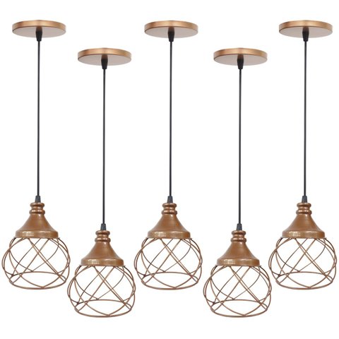 5 Pendentes Aramado Esfera Balonê Cobre Rose Gold Lustre Luminária Teto Regulável Sala Cozinha Agp I