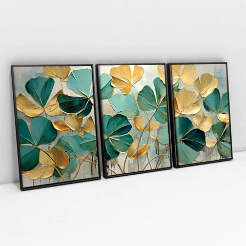 Kit Quadro Decorativo 3 Telas Canvas Flores em Pinceladas TaColado Moldura Flutuante 4,5cm Preta 80 