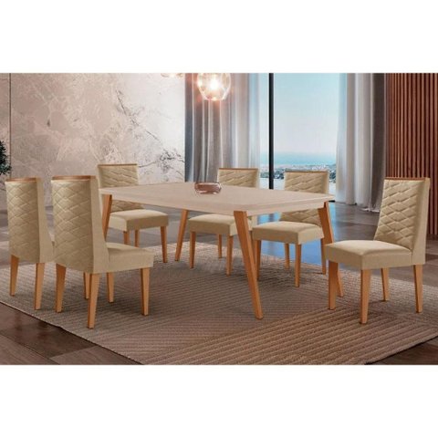 Sala Jantar Mesa Havana Tampo c/ Vidro Curvo 180cm+6 Cadeiras Dafne Madeira Naturale/Off White -