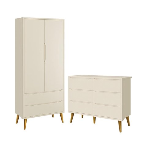 Jogo de Quarto Infantil Theo Guarda Roupa 2 Portas e Cômoda 6 Gavetas Areia Fosco com Pés