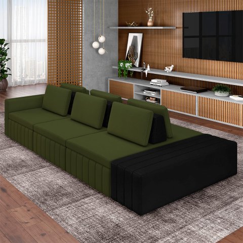 Sofá Ilha com Encosto e Almofadas Móveis Olimpo 335cm Modulado Linho/pu Verde/preto G45 - Gran Belo