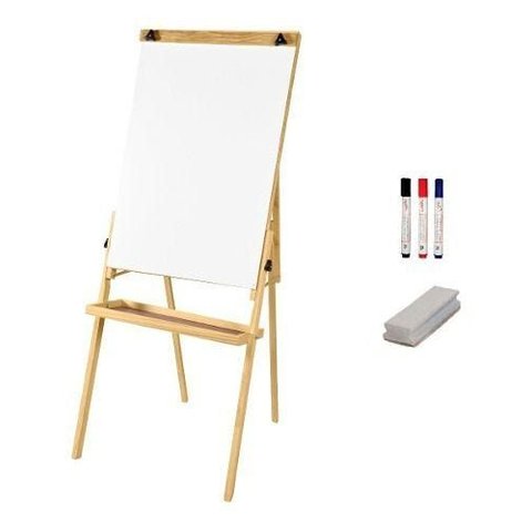 Conj Cavalete Flip Chart Porta Bloco Compacto com Quadro Branco Estrutura Madeira Cor Natural Ajust