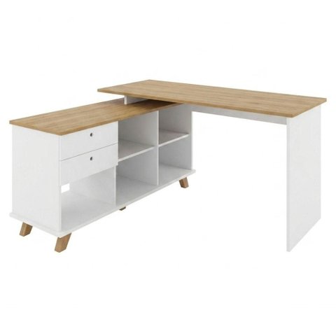 Mesa Escrivaninha Escritorio em L 2 Gavetas 5 Nichos 145x128 cm Olmo Branco Artany