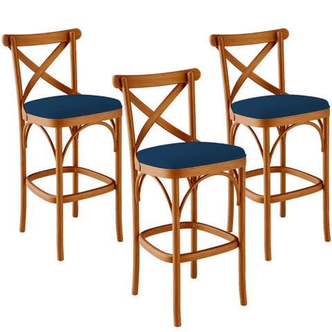 Kit 03 Banquetas Altas Cozinha Bancada Bar Sala Jantar Estofada Ávila L02 Suede Azul Marinho - Lyam 