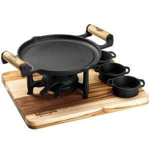 Conjunto Fogareiro Fogo Forte 22,5cm e Suporte de Madeira 35x28cm com 3 Molheiras Panela Mineira