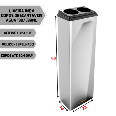 Coletor Copo Descartável Inox Água 200ml Lixeira Dupla Polida Espelhada