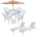 Ver imagem 1 de Conjunto com Mesa Ripada + 4 Cadeiras de Jardim e Piscina + Ombrelone com Base Bege