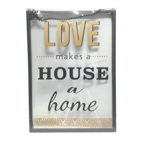 Placa de metal e vidro love house 20x28 cm