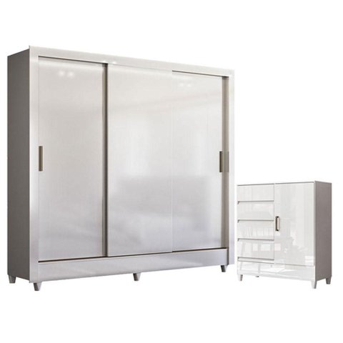 Guarda Roupa Casal Itália 3 Portas com Pés e Cômoda 1 Porta 4 Gavetas Fit Branco Brilho - Santos And