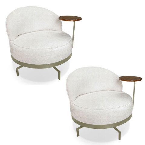 Kit 2 Poltronas Decorativa Andromeda Linho Bouclê Base Giratória de Ferro - Pallazio Bege Pérola