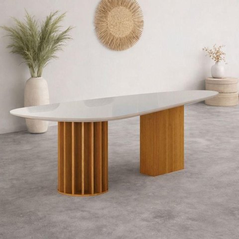 Mesa de Jantar 2 Torres 2x1 6 Lugares Orgânico Vidro Off White Arbo Design
