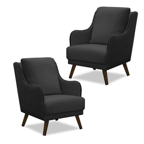 Kit 2 Poltronas Decorativas Catar com Tachas Veludo Cinza Chumbo - Gran Belo