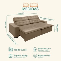 Sofá Retrátil e Reclinável 2,50m Suede Magno Marrom Castor - 4