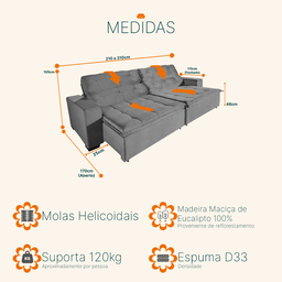 Sofá Retrátil e Reclinável 2,90m Suede Magno Cinza - 3