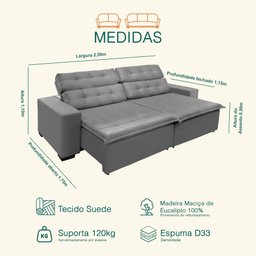 Sofá Retrátil e Reclinável 2,50m Suede Magno Cinza - 4