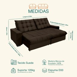 Sofá Retrátil e Reclinável 2,30m 4 Lugares Molas Ensacadas Pillow Top Califórnia - 3