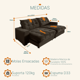 Sofá Retrátil e Reclinável 2,30m 4 Lugares Molas Ensacadas Pillow Top Califórnia - 3