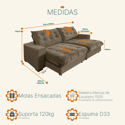 Sofá Retrátil e Reclinável 2,10m 3 Lugares Molas Ensacadas Pillow Top Califórnia - 3