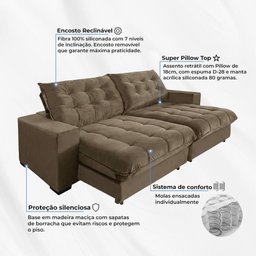 Sofá Retrátil e Reclinável 2,10m 3 Lugares Molas Ensacadas Pillow Top Califórnia - 3