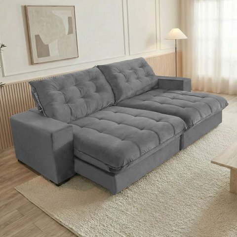 Sofá Califórnia Retrátil e Reclinável 2,10m 3 Lugares Molas Ensacadas Pillow Top Veludo Cinza