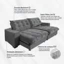 Ver imagem 4 de Sofá Califórnia Retrátil e Reclinável 2,10m 3 Lugares Molas Ensacadas Pillow Top Veludo Cinza