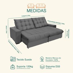 Sofá Retrátil e Reclinável 2,10m 3 Lugares Molas Ensacadas Pillow Top Califórnia - 3