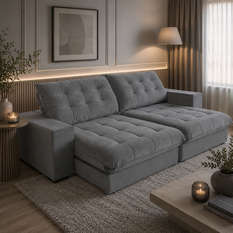 Sofá Califórnia Retrátil e Reclinável 2,10m 3 Lugares Molas Ensacadas Pillow Top Veludo Cinza