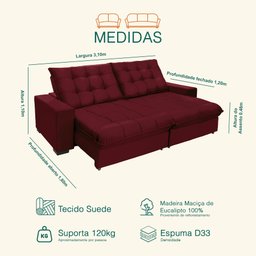 Sofá Retrátil e Reclinável 3,10m 6 Lugares Molas Ensacadas Pillow Top Califórnia - 3