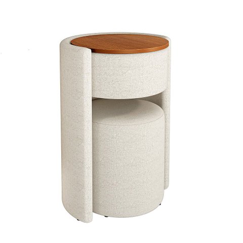 Kit Puff Penteadeira Vega com Espelho e Puff Menor Boucle Premium Feminino Maquiagem Quarto - Bege