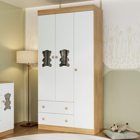 Guarda-roupa Infantil 92cm com Vidro 3 Portas e 2 Gavetas Teddy Multimóveis Mp4487 Madeirado/branco