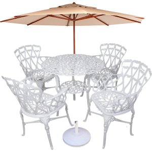Kit 4 Cadeiras e Mesa Tampo Aluminio Piscina Jardim com Guarda Sol