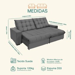 Sofá Retrátil e Reclinável 2,30m 4 Lugares Molas Ensacadas Pillow Top Califórnia - 3